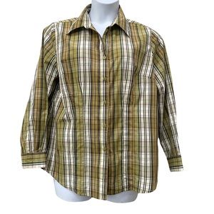 Avocado Green & White Plaid Button Up Top - size 1X